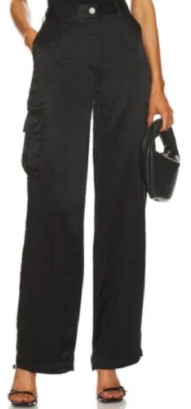 Theory Satin Drawstring Wide Leg Jogger Cargo Pant Black Preppy Old Money Sz L